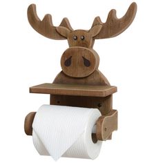 a wooden moose toilet paper holder with a roll of toilet paper in it's mouth