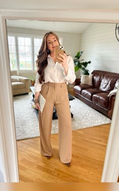 High-waisted, long, flowy and flattering. I love the fit and look of these trousers. Beige Work Pants With Side Pockets, Beige Workwear Pants With Side Pockets, Beige Workwear Bottoms With Pockets, Wide Leg Dress Pants For Workwear, Wide Leg Dress Pants With Pockets For Workwear, Beige Office Bottoms With Pockets, Beige Dress Pants With Pockets For Work, Beige Pants With Hip Pockets For Fall, Beige Loosely Fitted Cargo Pants For Work