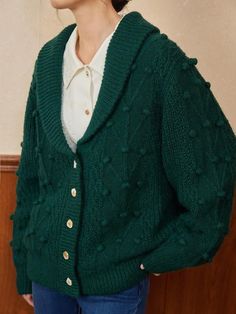 Vintage Green, Multi-texture Weave Stylish Casual Outfits, Green Knit Cardigan, Green Slip Dress, Knitted Dresses, Embroidery Floral, Chunky Knit Cardigan, Handmade Embroidery, Love Vintage, Thrift Shopping