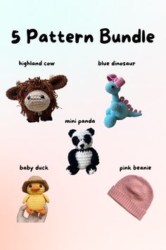 there are many different crocheted animals on this page, including one with a hat and the other with a stuffed animal