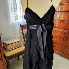 Never Worn, Black Cocktail Dress With Ruffled Tiers And A Satin Bow Belt. Lbd Y2k Stuff, Thrift Manifest, Scarlett Dresses, Dress Spaghetti Straps, Bow Belt, Prom Colors, Black Cocktail, Dress Spaghetti, Satin Bow