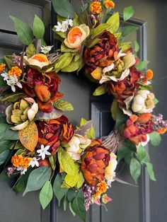 This elegant fall peony wreath will dress up your front door, mantel, bed frame windows etc. for the season. Let your guests be greated with a cheerful autumn wreath on your front door.  Wreath pictured is approximately 26 inches in diameter measured from leaf tip to leaf tip. Perfect for a standard front door. If displaying outdoors, recommend under a covered patio and brought inside during harsh weather. Autumn Door Decor, Frame Windows, Fall Floral Wreath, Peony Wreath, Peonies Wreath, Decor Thanksgiving, Elegant Fall, Autumn Wreath, Wreath Fall