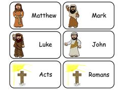 four different pictures of jesus and other people with the words luke, john, mark, luke