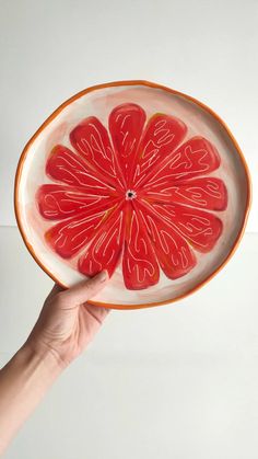 a hand holding a plate with slices of grapefruit