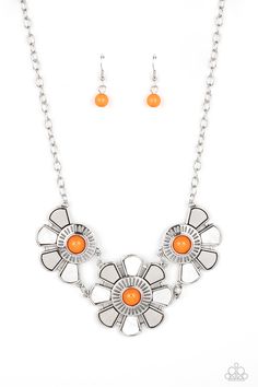 Dotted with orange bead centers, silver and white shell-like petals fan out from an airy metal frame. The trio of whimsically industrial flowers connects to a conventional silver chain below the collar resulting in an unabashedly metropolitan display. Features an adjustable clasp closure.

 Sold as one individual necklace. Includes one pair of matching earrings. Orange Necklaces, Bedazzled Jewelry, Aquatic Garden, Shopping Jewelry, Orange Necklace, Bling Earrings, Feeling Pretty, Paparazzi Accessories, Floral Necklace