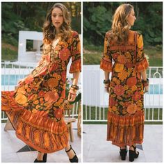 New With Tags $249 Aud Orange Floral Print Groovy Midi Dress Button Up Sold At Anthropologie Orange V-neck Maxi Dress For Festival, Orange Boho Dress With Floral Print, Orange Bohemian Boho Dress With Floral Print, Fall Orange V-neck Midi Dress, Orange Long Sleeve Boho Dress, Orange Long Sleeve Bohemian Dress, Orange Long Sleeve Boho Dress With Print, Flowy Orange Floral Print Midi Dress, Orange Bohemian Long Sleeve Maxi Dress