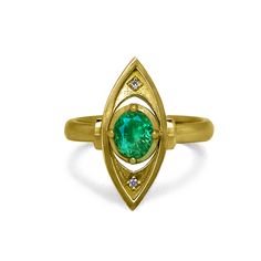 18K GOLD EMERALD RING This striking 18-karat ring with bright and lively 0.74-ct "roval" emerald is a one-of-a-kind creation. It exudes strength and wisdom. After all, according to ancient lore, emeralds endow you with the power to tell truth from deception. Think of it as your third eye! Made with love in Montreal. Details of this Emerald Statement Ring by K8 Jewelry 18K gold 20 mm long (approx. 3/4 inches) 0.74-carat Afghan emerald (Panjshir Valley), roval-shaped Size 7 (can be adjusted) 4 x 1-point post-consumer VS diamonds AFGHAN EMERALDS Learn more about Panjshir emeralds Want to know more what makes these emeralds so special? This article published by GIA shares in-depth information on inclusions and other differentiating features. Lots of fun science in that article. Learn more abou Heirloom Style Emerald Ring With Halo, Heirloom Emerald Ring With Halo, Green Marquise Emerald Rings, 14k Gold Green Emerald Ring With Halo, Yellow Gold Rings With Tsavorite In Halo Setting, Marquise Emerald Ring In Yellow Gold, Yellow Gold Tsavorite Ring With Halo Setting, Fine Jewelry Emerald Ring With Tension Setting, Emerald Halo Ring In Yellow Gold