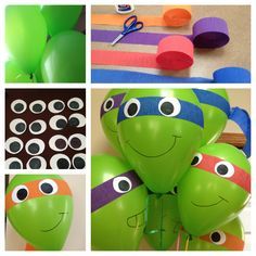 there are pictures of balloons and decorations for a teenage mutant birthday party with turtles on them