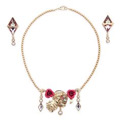 a necklace and earring set in gold with red roses on the front, two dangling earrings