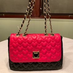 Quilted Pink And Black Leather With Gold And Leather Handles. 12”W X 8”H. Leather Shoulder Bag For Valentine's Day Evening, Leather Shoulder Bag For Evening And Valentine's Day, Elegant Leather Shoulder Bag For Valentine's Day, Valentine's Day Leather Shoulder Bag For Evening, Elegant Valentine's Day Satchel Shoulder Bag, Elegant Valentine's Day Crossbody Shoulder Bag, Betsey Johnson Purses, Betsey Johnson Bags, Pretty Bags