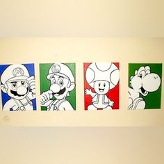 four paintings of mario bros hanging on the wall