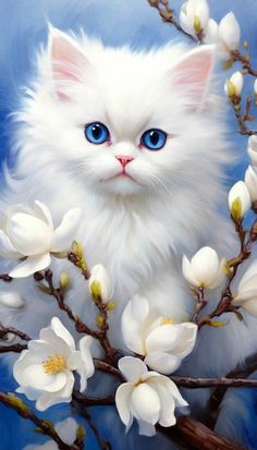 a painting of a white cat sitting on top of a tree branch with blue eyes