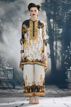 Black and gold silk tunic with all over regal prints. - Aza Fashions Elegant Silk Palazzo Set With Digital Print, Elegant Digital Print Kurta For Festive Occasions, Elegant Festive Kurta With Digital Print, Elegant Gold Long-sleeve Palazzo Set, Elegant Silk Kurta With Digital Print, Elegant Straight Kurta Sets With Digital Print, Elegant Printed Straight Kurta Set, Elegant Designer Kurta With Digital Print, Gold Silk Palazzo Set With Straight Kurta