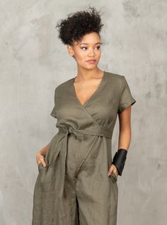 "The Khaki wrap jumpsuit women with belt is the best choice for women who enjoy the lightness of wearing linen clothing. Every lady who tries it on, will feel the comfort of organic clothing. The wide leg jumpsuit is midi-length, slightly pleated and airy. Our linen jumpsuit is v-neck, type \"hug me\" at the top. It is having comfortable pockets on both sides, а belt on the waist for an even more feminine look and a back zipper closure. #love#linen overalls women# The Khaki linen jumpsuit is a p Relaxed Fit Linen Jumpsuit With V-neck, Summer Linen Belted Jumpsuits And Rompers, Chic Linen Jumpsuits And Rompers With Short Sleeves, Linen V-neck Jumpsuits And Rompers For Spring, Casual Linen Belted Jumpsuits And Rompers, Spring Linen Belted Jumpsuits And Rompers, Spring Linen Jumpsuit With V-neck, Spring Linen V-neck Jumpsuit, Linen Belted Jumpsuits And Rompers