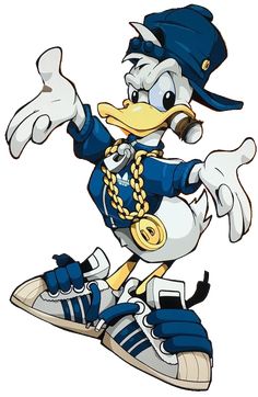 a cartoon duck wearing a hat and blue shoes with his arms out in the air