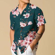 Introducing our Hawaiian Shirt for men, featuring vibrant floral patterns and a comfortable button-up design, perfect for the travel-loving boho enthusiast. This retro vacation wear blends style and comfort effortlessly, making it an ideal casual button-down choice for those seeking laid-back charm with a touch of nostalgia. 𝐃𝐄𝐓𝐀𝐈𝐋𝐒 🌸95% Polyester | 5% Spandex 🌸Boxy fit, straight cut 🌸Runs large, check your measurements against size chart 🌸Includes Chest Pocket 🌸Colors may appear dif Plus Size Men Outfits, Floral Shirt Outfit, Cherry Blossom Shirt, Retro Vacation, Flower Button, Vacation Wear, Blue Hawaiian, Mens Hawaiian Shirts, Travel Lover