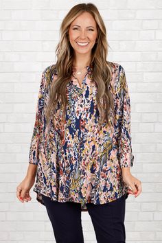 Chic Soul plus size clothing, navy marigold floral pattern top with a tunic style and a v neckline Casual Floral Print Tunic Top, Printed Blue Rayon Top, Blue Printed Rayon Top, Blue Tunic Tops For Fall, Multicolor Rayon Tops For Fall, Fall Multicolor Rayon Tops, Floral Print Tunic Tops For Fall, Floral Print Tops For Day Out In Fall, Floral Print Tops For Fall Day Out