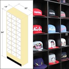 the shelves are full of hats and caps for baseball players to wear on their team