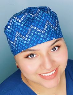 Show off your personality with this fancy Ponytail! Our Unisex Scrub Caps measure 4.25" in the front, designed for short hair, comes with coordinating solid color straps that tie at the back making it totally adjustable 22" - 25" in circumference, and can be folded up without showing the wrong side of cap. The cap is double lined with 100% black cotton fabric to absorb perspiration and making it very comfortable to wear all day long. Want to stand out even more? Each scrub cap can be personalize Adjustable Blue Headband For Spring, Fancy Ponytail, Custom Scrubs, Black Cotton Fabric, Chevron Design, Scrub Cap, Scrub Hats, Custom Tees, Scrub Caps