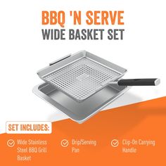 an advertisement for a grilling pan with the words bbq'n serve wide basket set