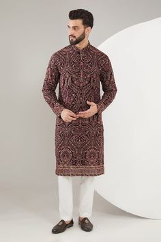 Multicolor kurta with Kashmiri thread, sequin embroidery in paisley, floral pattern. - Aza Fashions Designer Kurta With Printed Motifs And Traditional Drape, Designer Traditional Drape Kurta With Printed Motifs, Designer Wear Traditional Drape Kurta With Printed Motifs, Eid Kurta With Printed Motifs In Traditional Drape, Multicolor Long Sleeve Jamawar Traditional Wear, Multicolor Long Sleeve Unstitched Suit With Floral Embroidery, Multicolor Floral Embroidered Unstitched Long Sleeve Suit, Multicolor Floral Embroidered Unstitched Suit, Unstitched Multicolor Embroidered Sherwani