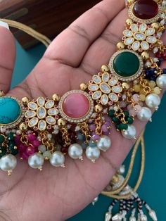 Gold plated tyanni kundan necklace. Ad details , hand made and crystal work . about an inch wide. Crystal Work, Kundan Necklace, Kundan Necklaces, Gold Bracelet, Hand Made, Gold Plate, Charm Bracelet, Plating, Crystals