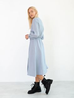 "DIA is a long sleeve midi linen dress with coconut buttons. DETAILS - Coconut buttons - Long sleeves - Midi length - 100% lightweight European linen fabric - Cut and sewn to order just for you in our studio COLOR - Bluestone, you can also choose other colors above - Fabric samples are available here https://www.etsy.com/listing/586569696/linen-fabric-samples SIZING & FIT - True to size - Length is approximately 44 inches / 113 cm - Bust (pit to pit) is approximately 16.5 inches / 42 cm - Wa Casual Long Sleeve Midi Dress With Button Cuffs, Casual Linen Dress With Button Cuffs For Spring, Chic Long Sleeve Linen Dress With Buttons, Casual Linen Long Sleeve Dress With Button Closure, Spring Linen Shirt Dress With Button Cuffs, Linen Shirt Dress With Button Cuffs For Spring, Spring Linen Button-up Dress For Day Out, Spring Linen Dress With Button Closure, Casual Long Sleeve Linen Dress With Button Closure