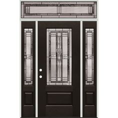 a black front door with two sidelights and glass panels on the top half of it