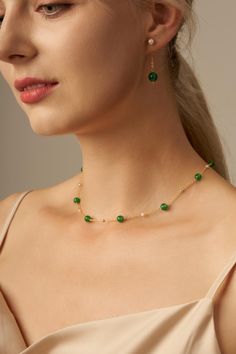 👑Dimensions: Necklace Length: 40cm+5cm Stone size:  -Green chalcedony: 6mm -Gold bead: 3mm -Fresh water pear: 3mm 👑Material:  -Natural green chalcedony -Natural fresh water pearl -14k gold filled 👑Note: Please note due to the nature origin of stones, the color and shapes will be slightly vary. 👑Packaging: All Items come with elegant jewelry box. 👑Care: Please remove your jewelry before bathing and swimming, and avoid exposure to chemicals. Green Stone Choker Necklace, Jade Clavicle Chain Necklace, Green Pearl Chain Jewelry As A Gift, Elegant Dark Green Jade Jewelry, Elegant Green Choker Jewelry, Elegant Green Emerald Necklace Adjustable, Green Clavicle Chain Necklace For Party, Green Clavicle Chain Choker Gift, Green Clavicle Chain Choker For Gift