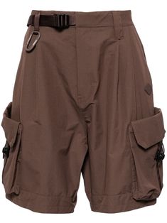 walnut brown waterproof CORDURA® material ripstop texture appliqué logo carabiner attachment stretch-design belt loops belted waist concealed front fastening two side slash pockets two side cargo pockets two rear flap pockets straight hem When buying this unisex item, keep in mind that it is graded in standard men's sizing. Brown Pocketed Shorts For Streetwear, Brown Streetwear Shorts With Pockets, Brown Shorts With Pockets For Streetwear, Brown Bottoms With Belt Loops For Outdoor, Utility Cargo Shorts With Belt Loops For Outdoor, Outdoor Nylon Shorts With Belt Loops, Utility Brown Shorts With Multiple Pockets, Brown Utility Shorts With Multiple Pockets, Brown Utility Cargo Shorts With Side Pockets