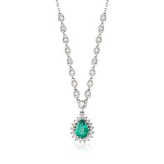 Ross-Simons - .70ct Emerald, .45ct t. w. Diamond Drop Necklace in 14kt White Gold. 17". Complete your ensemble with a regal touch. This necklace boasts a .70 carat pear-shaped emerald drop. Totaling .45 carats, round brilliant-cut diamonds cross the front of the necklace and frame the emerald. Set in 14kt white gold. Lobster clasp, diamond and emerald drop necklace. Emerald birthstones are the perfect gift for May birthdays. Emerald Set, Diamond Drop Necklace, Necklace Emerald, Emerald Birthstone, May Birthday, Diamond Cross, Drop Necklace, Round Brilliant Cut Diamond, Chains Jewelry