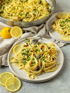 vegan lemon pasta with peas and parmesan cheese