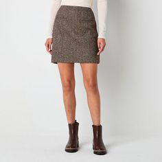 This a.n.a women's a-line skirt is the perfect addition to your fall wardrobe. Made from a woven herringbone patterned blend, this lined skirt has a concealed back zip and hook-and-eye closures and a flat front waist. Wear it with a turtleneck or blouse and ankle boots. Front Style: Flat FrontClosure Type: Zipper, Hook & EyeClosure Location: BackPockets: 2 Front Faux PocketsRise: At WaistApparel Length: 16.75 InchesFiber Content: 80% Polyester, 10% Wool, 10% Other 5% Or LessFabric Description: W Mini Skirts For Older Women, Fall Mini Skirts, Winter Skirt Outfit Cold Weather, Fall Skirt Outfits With Boots, Skirt With Tights Outfit, Tall Boots Outfit, Fall Mini Skirt, Winter Skirts, Winter Skirt Outfit