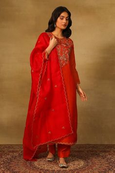 Rust straight kurta with floral embroidery using thread work, dabka, bullion and coins. Paired with a pant and scallop trimmed red dupatta. - Aza Fashions Red Anarkali Set With Floral Embroidery For Festivals, Red Floral Embroidery Anarkali Set For Festivals, Festive Floral Embroidered Sharara For Traditional Ceremonies, Red Sharara With Floral Embroidery, Elegant Palazzo Set For Eid And Traditional Ceremonies, Red Traditional Drape Sharara With Floral Embroidery, Red Floral Embroidered Sharara With Traditional Drape, Elegant Palazzo Set For Diwali Ceremonies, Elegant Palazzo Set For Diwali And Traditional Ceremonies