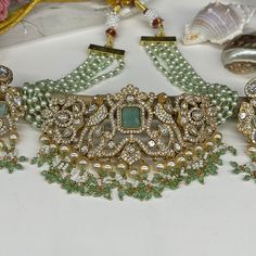 Beautiful Jewelry sure to elevate any look! Feel free to contact me if you have any questions about this item. Green Beaded Bridal Necklace Gift, Green Beaded Bridal Necklace, Green Jeweled Kundan Necklace For Party, Elegant Green Beaded Kundan Necklace, Green Jeweled Jewelry For Reception, Green Jeweled Wedding Jewelry, Green Beaded Jewelry Sets For Party, Handmade Green Bridal Necklace For Wedding, Green Stone Work Jewelry For Party