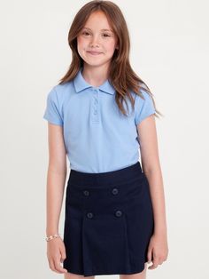 rib-knit collar short sleeves three-button placket vented sides at hem slightly fitted hits below waist model is approx.  4'3" and wears size m (8)machine wash according to the care instruction label Navy Uniforms, Pique Polo Shirt, Girl Top, Shirts For Girls, Old Navy, Rib Knit, Polo Shirt, Short Sleeves, Girl Outfits