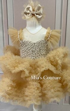 Elegant Embellished Tutu Dress For Dress-up, Gold Embellished Tulle Dress, Gold Embellished Princess Dress, Gold Tulle Dress With Ruffles, Gold Ruffled Tutu Dress For Wedding, Gold Ruffled Tutu Dress For Pageant, Gold Ruffled Tutu Dress For Pageants, Elegant Fitted Gold Tutu Dress, Elegant Fitted Pageant Dress For Fancy Dress Events