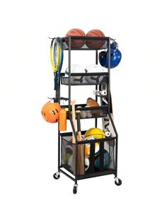 a rack with various sports equipment on it