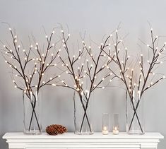 three vases filled with candles sitting on top of a white mantle covered in branches