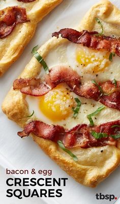 bacon and egg crescent squares on a white plate with text overlay that reads bacon & egg crescent squares