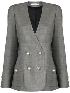 medium grey virgin wool blend twill weave mélange effect rhinestone-embellished buttons shoulder pads buttoned-cuff sleeves plunging V-neck collarless double-breasted button fastening two front patch pockets V-neck Blazer With Buttons For Business, Business V-neck Blazer With Buttons, Formal V-neck Blazer With Button Closure, Elegant V-neck Outerwear With Button Closure, Tailored V-neck Elegant Blazer, Elegant Tailored V-neck Blazer, Formal V-neck Blazer With Double Button Closure, Elegant V-neck Outerwear With Double Button Closure, Elegant V-neck Blazer With Buttons