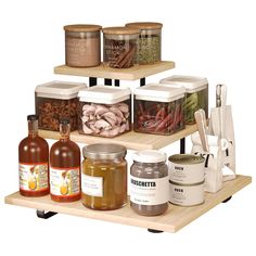 three tiered spice rack with spices and condiments on each shelf in front of white background