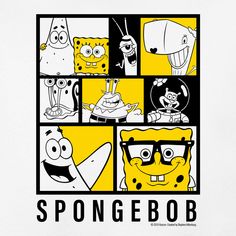 the spongebob movie poster is shown in black and yellow squares with cartoon characters