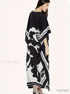 Lasaky - Premium Graphic Print Kaftan Dress: Sophisticated V-Neck Loose-Fit Maxi Dress for Womens Fashion Elegant V-neck Kaftan For Vacation, Chic Printed V-neck Kaftan, Chic Black V-neck Kaftan, Black Printed V-neck Kaftan, Elegant Printed Maxi Dress For Vacation, Elegant Short Sleeve Spring Kaftan, Elegant Printed V-neck Kaftan, Spring V-neck Printed Kaftan, Elegant Maxi Length Daywear Kaftan