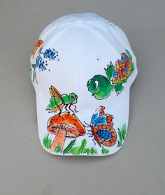 Cute Critters Baseball Cap Whimsical White Cap Hats, Playful White Baseball Cap For Spring, Handmade White Trucker Hat, Handmade White Baseball Cap, White Fun 5-panel Baseball Cap, Fun White 5-panel Baseball Cap, Whimsical White Adjustable Hat, Casual Hand Painted Cap, Artistic White Hand Painted Hats