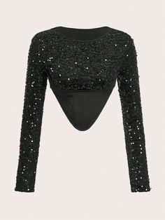 Black Party Collar Long Sleeve Sequins Plain  Embellished High Stretch  Women Clothing Fall Party T-shirt With Sequins, Long Sleeve T-shirt For Fall Party, Long Sleeve T-shirt For Spring Party, Fall Club Tops With Stretch, Stretch Tops For Club In Fall, Stretch Tops For Club Nights In Fall, Stretch Top For Club In Fall, Stretch Crew Neck Long Sleeve Top For Night Out, Fitted Crew Neck Crop Top For Club