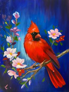 a painting of a cardinal perched on a branch with flowers