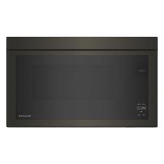 a black microwave oven with the door open and its light on, in front of a white background