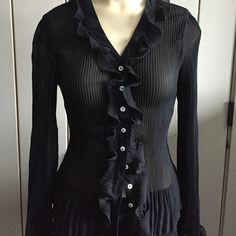 Sheer black button down top NWOT- sheer black button down top. Ruffles neckline and cuffs . Forever 21 Tops Blouses