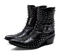 Men Punk Leather Cowboy Ankle Boots Rubber Metal Pointed Toe Buckle Rivets Shoes | eBay Punk Style Riveted Ankle-high Moto Boots, Punk Ankle-high Moto Boots With Rivets, Punk Moto Boots With Rivets For Fall, Punk Martin Boots For Fall Concert, Punk Style Martin Boots For Fall Concerts, Fall Punk Martin Boots For Concerts, Punk Boots With Studs For Alternative Fashion, Gothic Moto Boots With Spikes For Fall, Punk Style Moto Boots With Rivets